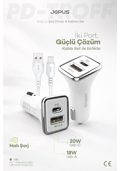 Jopus İphone Araç Şarj Aleti Çakmaklık Seti - Lightning + USB Girişli 38W JO-A7