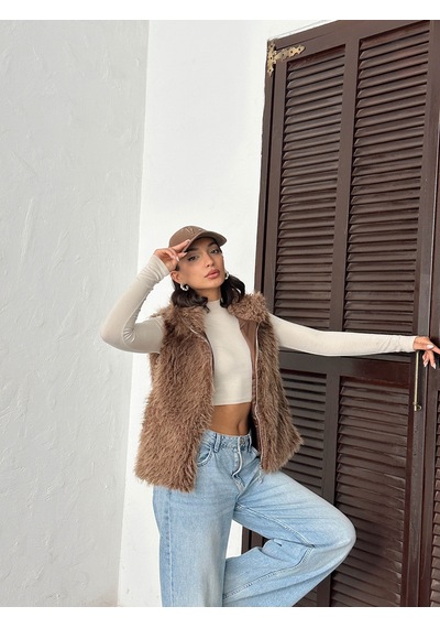 Verymoda Yapay Kürk Kadın Yelek Fermuarlı, Yumuşak Dokulu I Vmf2046 Açık Kahve