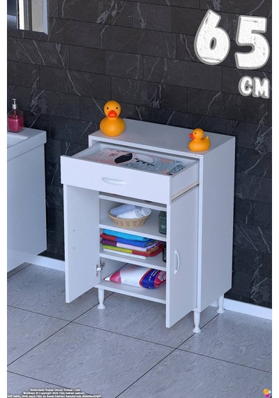 Emir 65 Cm Çok Amaçlı 1 Çekmeceli 1 Kapaklı 3 Raflı 4 Bölmeli Dolap Beyaz