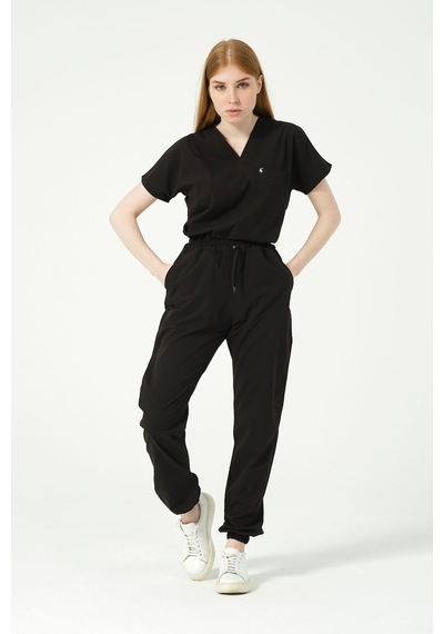 Siyah Likralı Jogger Paça Doktor Hemşire Forması Tek Alt Unisex