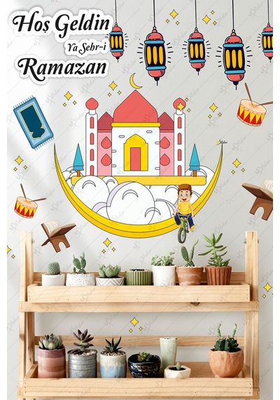 Hoşgeldin Ramazan Renkli Fener Sarkıt Cam Duvar Camili Sticker Seti Çok Renkli
