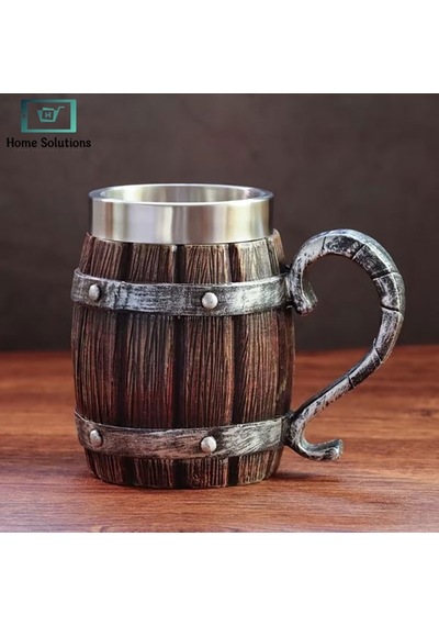Ahşap Fıçı Görünümlü 380 Ml İçi Çelik Kupa Bardak - Viking Ve Orta Çağ Temalı Rustik Kupa