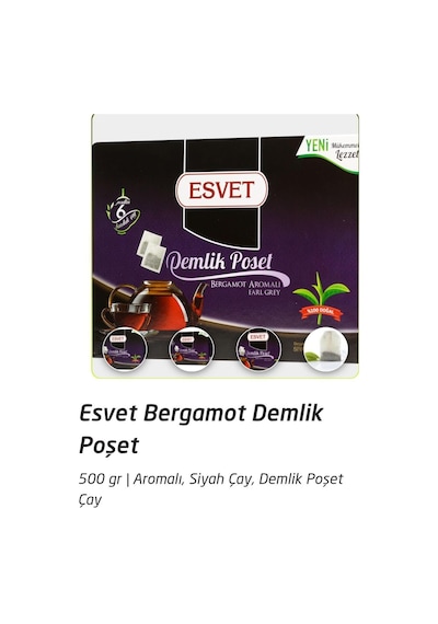 Esvet Bergamot Aromalı Demlik Poşet Çay 50 X 10 Gx5 Adet