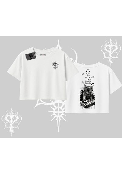 Tarzsokak Dj Kedi Baskılı Müzik Temalı Oversize Crop Tshirt Beyaz
