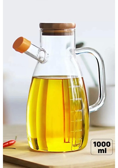 1000 Ml Bambu Kapaklı Borosilikat Yağdanlık Cam Yağlık Sirkelik Şişesi Master Vakumlu Sosluk Ahşap