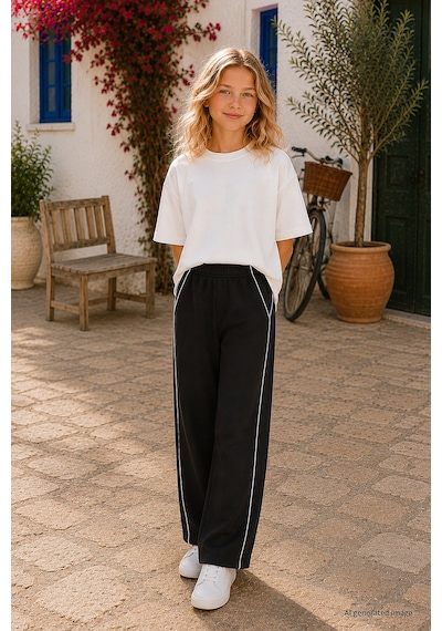 TOMMYLIFE Siyah Biye Detaylı Basic Palazzo Kız Çocuk Eşofman Alt - 75195