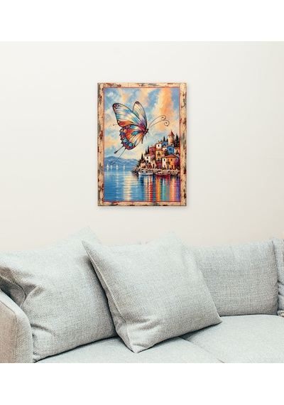 Ahşap Eskitme Çerçeve Görünümlü Kelebekli Sahil Kasabası Temalı Dekoratif Ahşap Tablo 52 X 72 Cm
