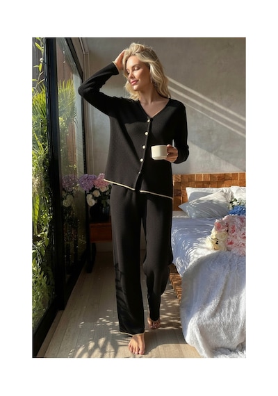 Moda Dua Premium Kadın Fitilli Pijama Takımı Siyah Gold Biye Detaylı, Yumuşak Dokulu Ev Şıklığı