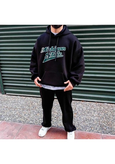 Startmore Adrift Unisex Erkek/kadın Michigan Renkli Özel Baskılı Oversize Kapüşonlu Sweatshirt Siyah Siyah