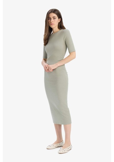 DeFacto Bodycon Vücudu Saran Bisiklet Yaka Ribana Kısa Kollu Midi Elbise E6003AX25SPKH234