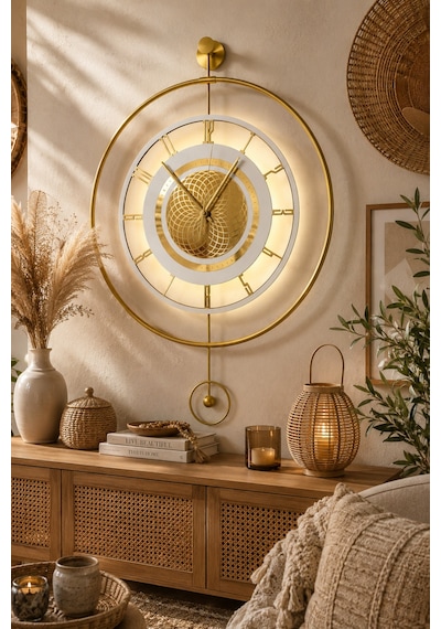 Metaquartz Aksesuar Premium Gold - Çark Pırlanta - Kırılmaz Camlı - Modern Dekoratif Metal Duvar Saati Gold