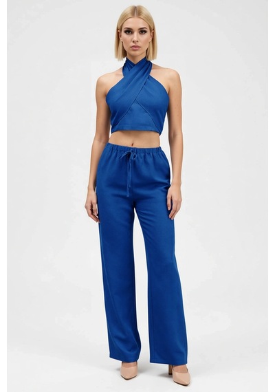 Benerly Kadın Alt Üst Keten Görünümlü Dokuma Crop Bluz Geniş Paça Pantolo Indigo