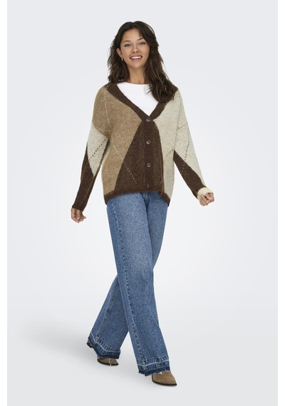 Only Noeme Life Jacquard V-neck Kadın Triko Hırka Jakarlı V Yaka Cardigan Kahverengi