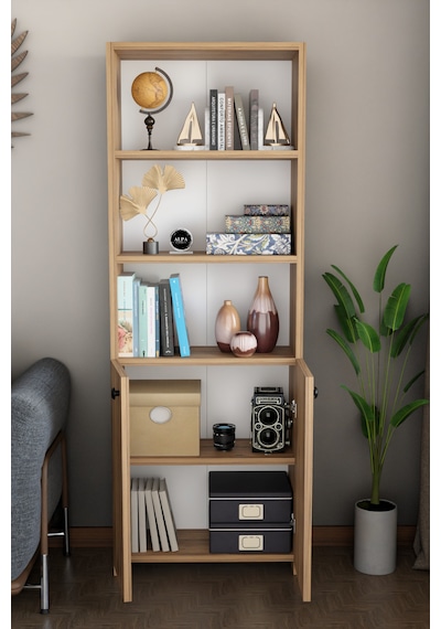 Kapaklı Çok Amaçlı Salon Dolabı 150x50x22 Cm Raflı Kitaplık Dekoratif Depolama Ünitesi Atlantik Çam