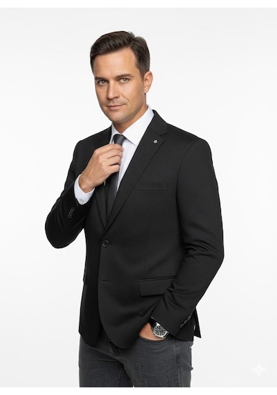 Plus Scorpion Erkek Bej Slim Fit Blazer Ceket Çizgili Dokulu Kumaş Çift Düğmeli Siyah