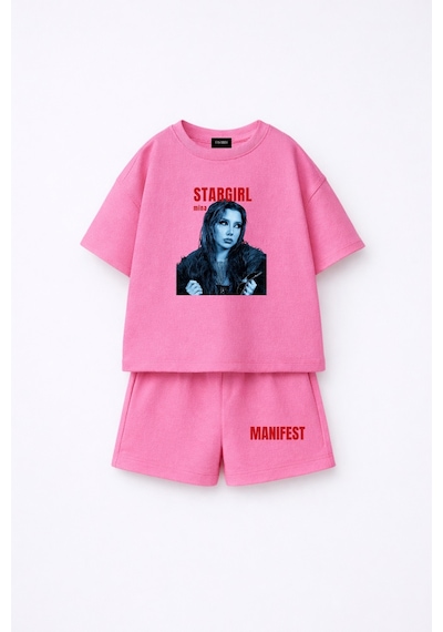 Fasardi Manifest Girls Mina Baskılı Oversize %100 Pamuk Tişört Şort 2li Çocuk Takım Pembe
