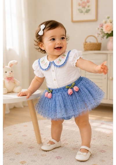 Cantoy Kız Bebek Lale Nakışlı Müslin Bluz Ve Puantiyeli Tütülü Etek Takımı Mavi