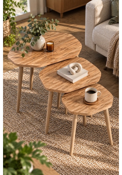 Sulorahome 3'lü Geometrik Zigon Sehpa Seti Kahverengi Atlantik Çam Desenli