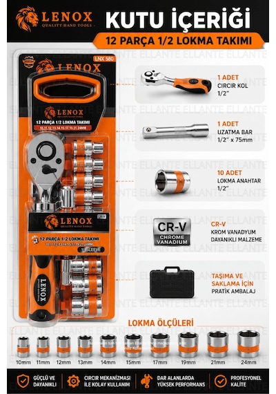 12 Parça 1/2" Lokma Takımı Cr-v Çelik Cırcırlı Kol Oto, Motosiklet Ve Ev Tamiri İçin Profesyonel