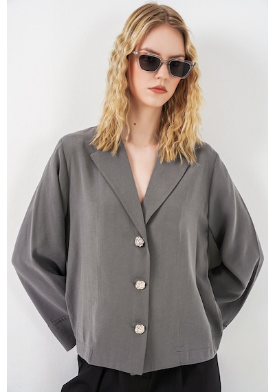 Bigdart Kadın Kruvaze Yaka Oversize Ceket 0747 - Gri
