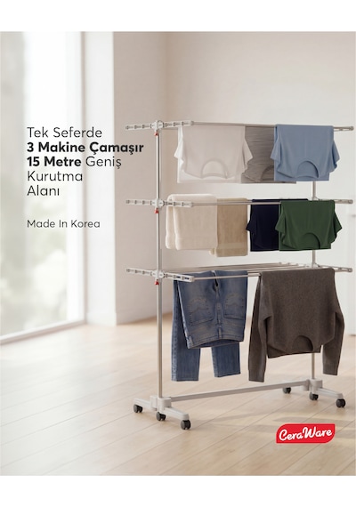Home Lite Premium 3 Katlı Çamaşırlık Made in Korea Tekerlekli Çamaşır Kurutmalık Eco Gri