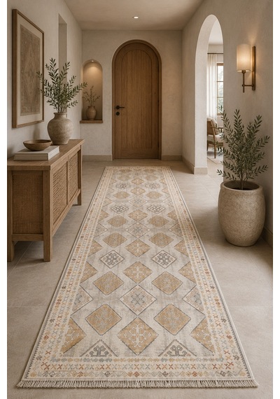 Kilim Desenli Etnik Geometrik Saçaklı Halı Krem Bej 3048
