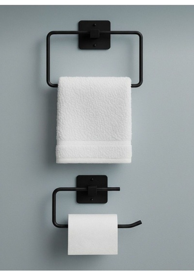 Yapışkanlı Kare Havluluk Havlu Askısı Ve Tuvalet Wc Kağıtlık Pratik Banyo 2'li Set Siyah Diğer