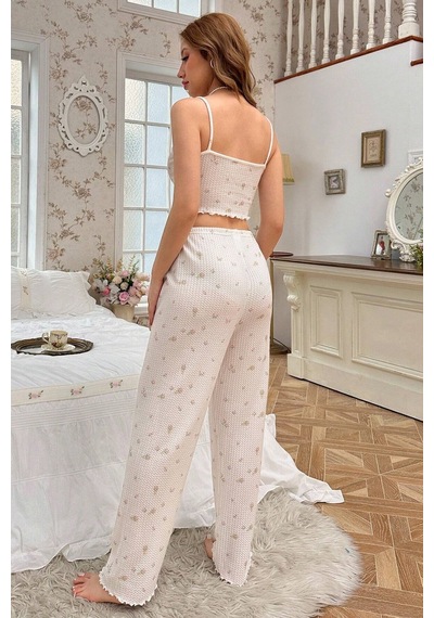 Merry See Baskılı Askılı Pijama Takımı Pembe Çiçekli Pembe