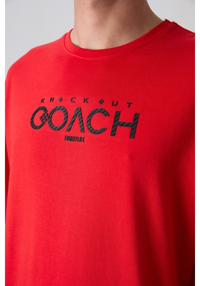 Tommy Life Fiesta Pamuklu Kalın Yumuşak Dokulu Oversize Fit Baskılı Erkek T-shirt - 88329 Kirmizi