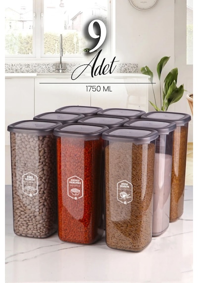Kitchen Life 9'lu Jumbo Boy Etiketli Square Kare Erzak Saklama Kabı Seti 1750 ML - Sert Kapak Büyük Kavanoz Antrasit - Siyah