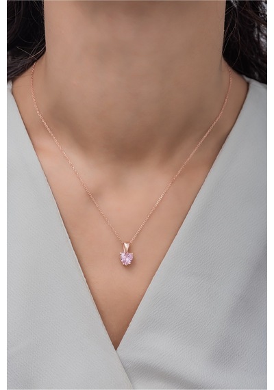 925 Ayar Gümüş Pembe Taşlı Kalp Kolye Rose Gold