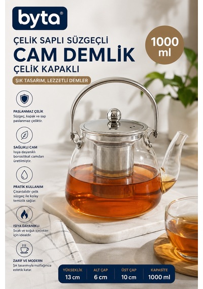 Çelik Saplı Süzgeçli Cam Demlik 1000 Ml Cam Çelik Kapaklı Çay Demliği Diğer
