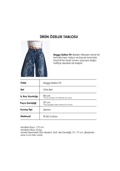 Kadın 2w6-5 Baggy Balloon Nakış Özel Tasarım Denim Jean Mavi