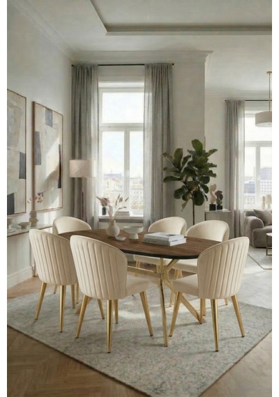 Sanderya Grid Serisi Gold Ayaklı Ceviz 85x170 Mutfak Salon Masa Takımı 6 Sandalye Ceviz - Krem