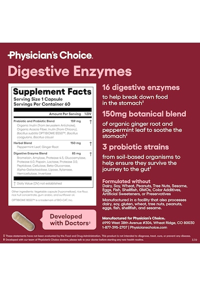 Physician's Choice Digestive Enzymes - Multi Enzymes, Organic Prebiotics & Probiotics For Digestive 60 Capsules