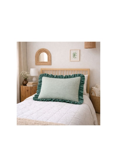 Fırfırlı Yastık Kılıfı Pötikare Desen Düz Renk Kenar Detaylı Tek Kişilik 50x70 Cm Yeşil