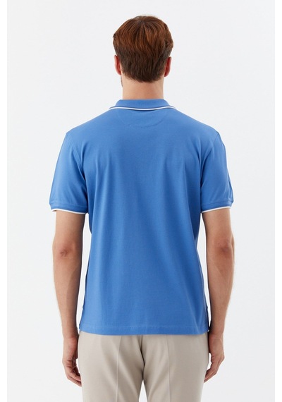 Sabri Özel Mavi Regular Fit %100 Pamuk Fermuarlı Polo Yaka T-shirt