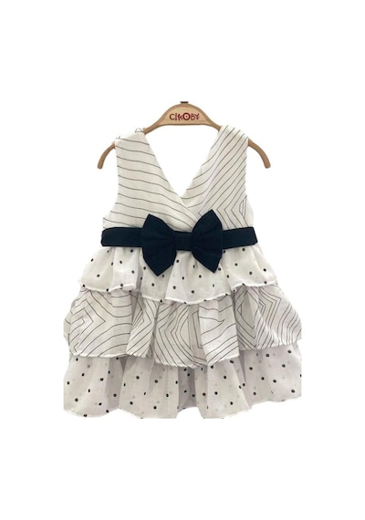 Çikoby Kız Bebe İçi Pamuk Astarlı Puantiyeli Çizgili Elbise-13889 Siyah