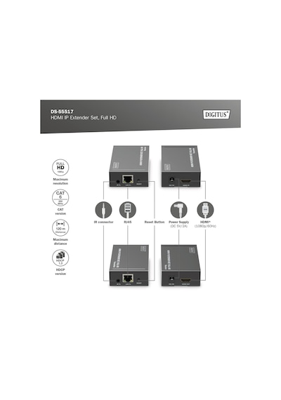 Digitus Hdmı Ip Görüntü Aktarıcı Extender Seti 120 M, 1080p 60hz, Cat6/7/8, Ds-55517