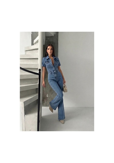 Bluemarlin Kısa Kol Buz Kar İspanyol Paça Likralı Denim Tulum Buz Kar