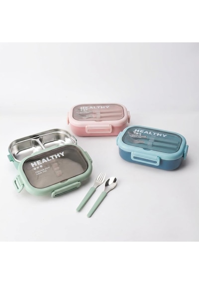 Deconox Paslanmaz Çelik Yemek Kabı 800 Ml, 2 Bölmeli Lunch Box, Çatal Kaşık Dahil, Kilitli Kapaklı Saklama Ve Taşıma Kabı, 21x15x6,6 Cm, Pembe/mavi/yeşil Çok Renkli