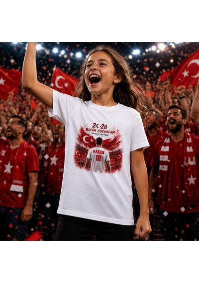 Bk Gift Kişiye Özel Türkiye Taraftar Temalı 2026 Dünya Kupası Tasarımlı Çocuk Tişört-2, Tek Yürek Milli Takım Ruhu Beyaz