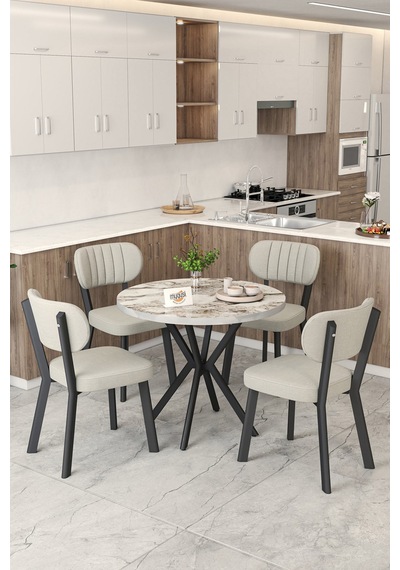 Gnr 90cm Sabit Efes Mutfak Masası Takımı, Yemek Masası, 4 Modern Krem Sandalye Krem