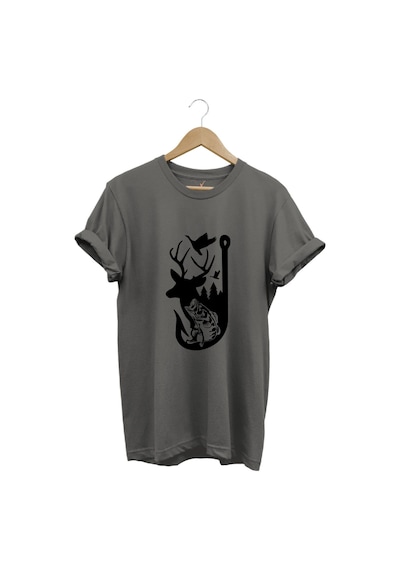 Avcılık Hunter Outdoor Geyik Balık Çulluk Baskılı %100 Pamuk Regular Fit Gri T-shirt Antrasit