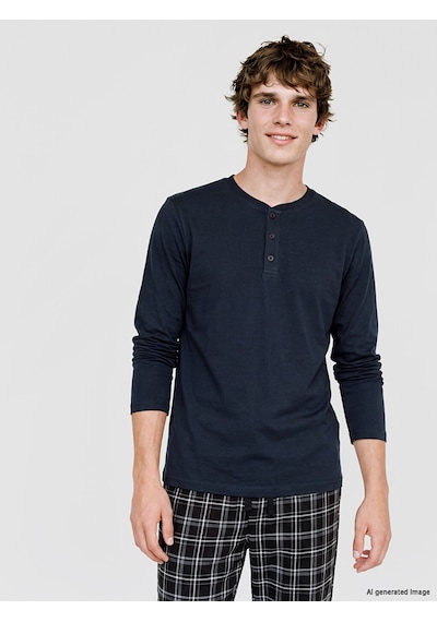LC Waikiki Lc Waıkıkı Lacivert Henley Yaka Uzun Kollu Erkek Pijama Üst