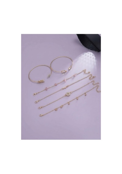Lunarie Zirkon Taşlı Ve Pembe Doğal Taş Detaylı 6'lı Bileklik Rose Gold