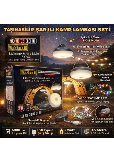 Horoz 084-050-0002 Totti 6400 + Rgb Taşınabilir Şarjlı Kamp Feneri Beyaz - Gri
