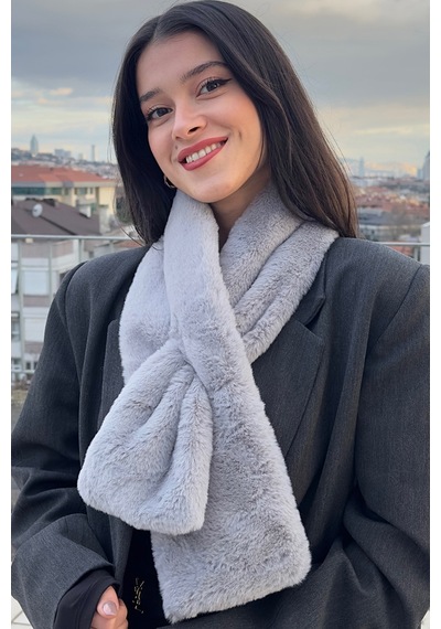 Mollycrush Peluş Yumuşak Soft Atkı Kışlık Suni Kürklü Gri Kadın Atkısı Gri