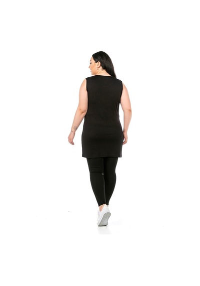 Disentis Büyük Beden Yuvarlak Yaka Kalın Askılı Viskon Uzun Siyah Body