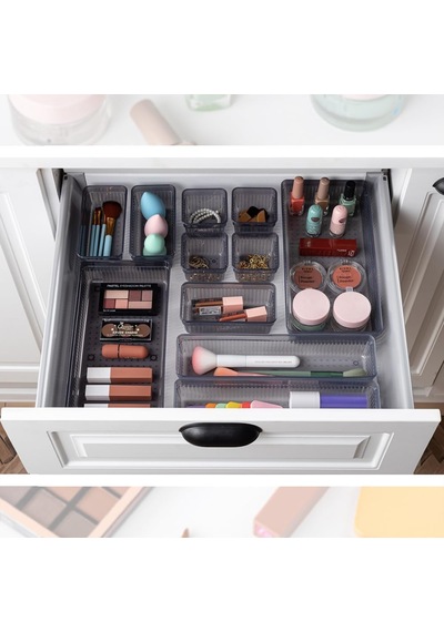 24'lü Multi Set - Çekmece İçi Düzenleyici - Banyo Makyaj Ve Takı Organizer Siyah Genel